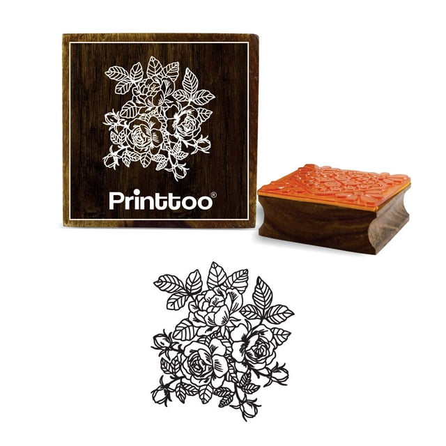 Printtoo Wooden Brown Rubber Stamp Floral Pattern Square Craft Textile Stamps-3 x 3 Inches