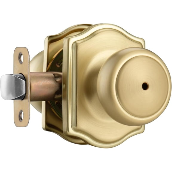 Satin Brass Door Knobs with Camelot Trim,Gold Interior Door Knob with Lock,Coastal Privacy Door knob for Bath and Bedroom