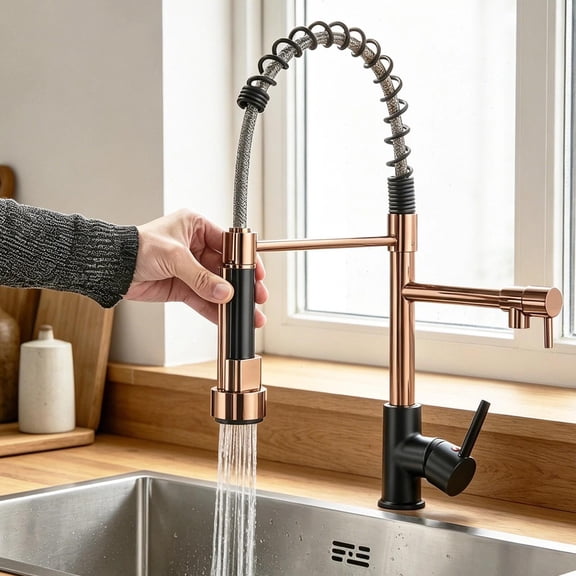Black &Rose Gold Kitchen Faucet with Pull Down Sprayer Double Spout Kitchen Sink Faucet Single Handle Stainless Steel Spring Kitchen Faucets