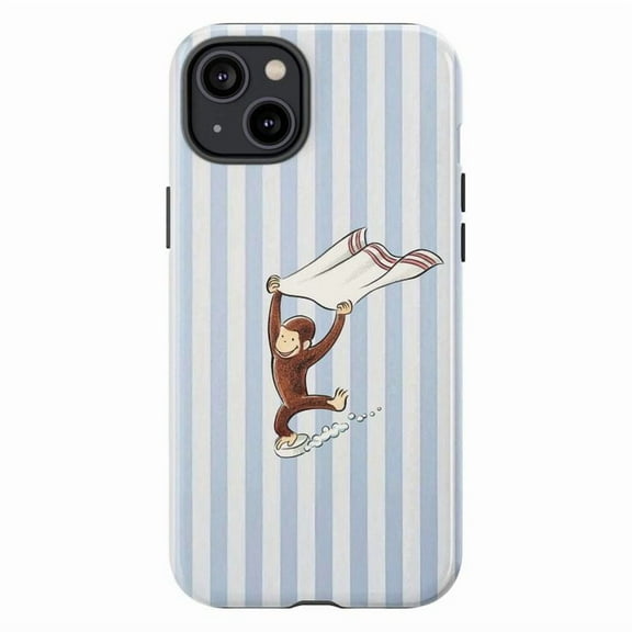 Playful Curious Monkey Surfing Towel Phone Case, Cute Cartoon Animal on Blue Stripe Background, Fun Artistic iPhone Cover for iPhone 17 16 15 14 13 12 11 Plus Pro Max Mini