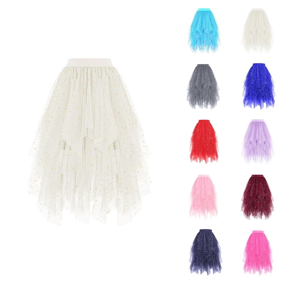 Tulle Skirts for Women Glitter Sequin Elastic Waist Layered Mesh Flowy Asymmetrical Puffy Skirt Fairy Skirt Midi Tutu Skirts