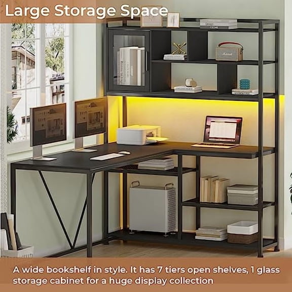 SEDETA L Shaped Computer Desk, 58'' Office Desk with LED Light and Bookshelf, L Shaped Corner Desk with Storage Shelves for Home Office, Gaming Desk, L Desk, Black