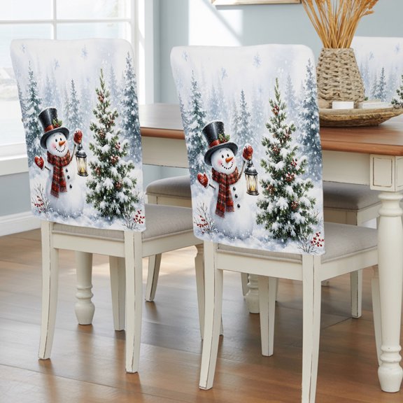 Christmas Snowman Chair Back Covers Set of 2, Winter Forest Xmas Tree Berry Snowflake Berry Removable Dining Seat Cover Washable Kitchen Chair Slipcovers Protective for Party Decoration 19x20in