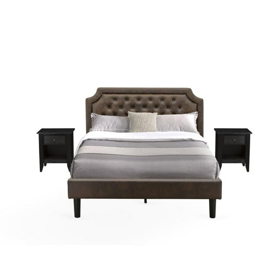 East West Furniture GB25Q-2GA06 3-Pc Bedroom Set with Queen Bed and 2 Wire Brushed Black Bedroom Nightstand - Dark Brown Faux Leather and Black Legs