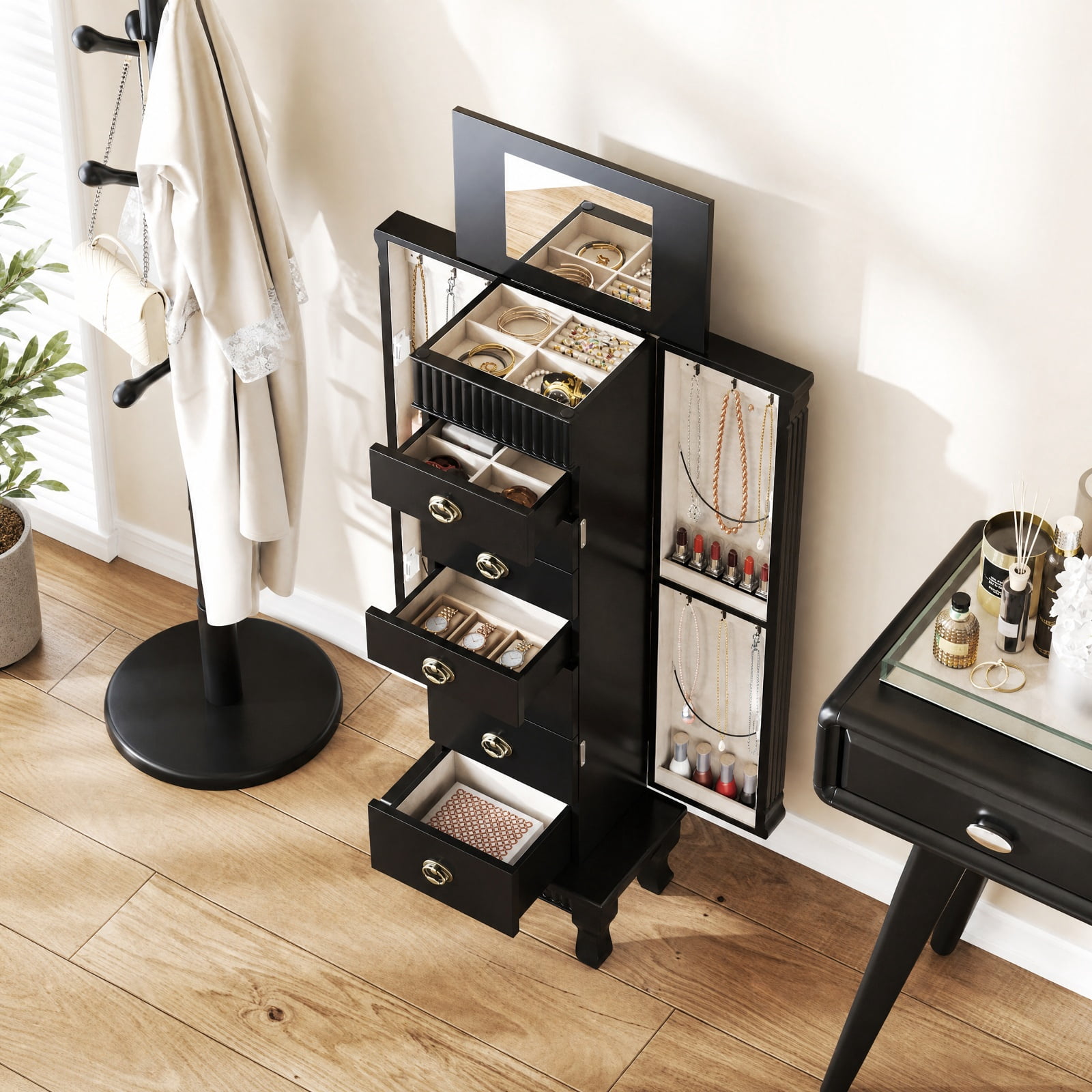 Furnibear Wooden Jewelry Armoire Cabinet Storage Chest with Drawers and Swing Doors for Bedroom Dressing Room Jewelry Necklace Rings Storage, Black