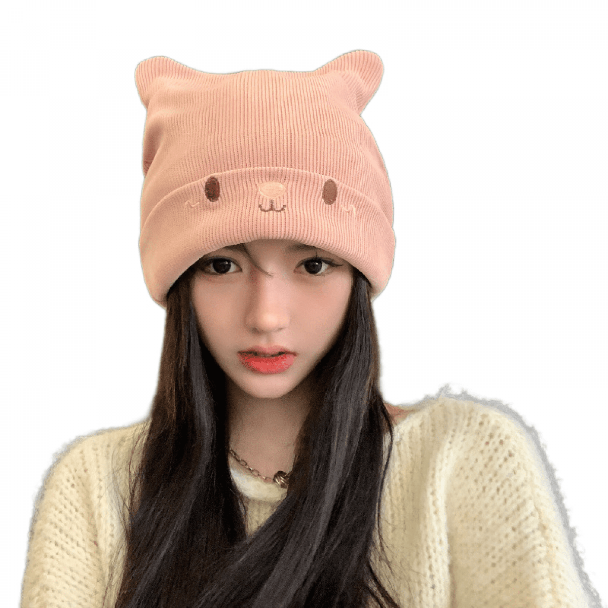 JUSTUP Winter Hats Cute Cat Ear Hat with Embroidered Warm Knit Crochet Ski Cap（Pink）