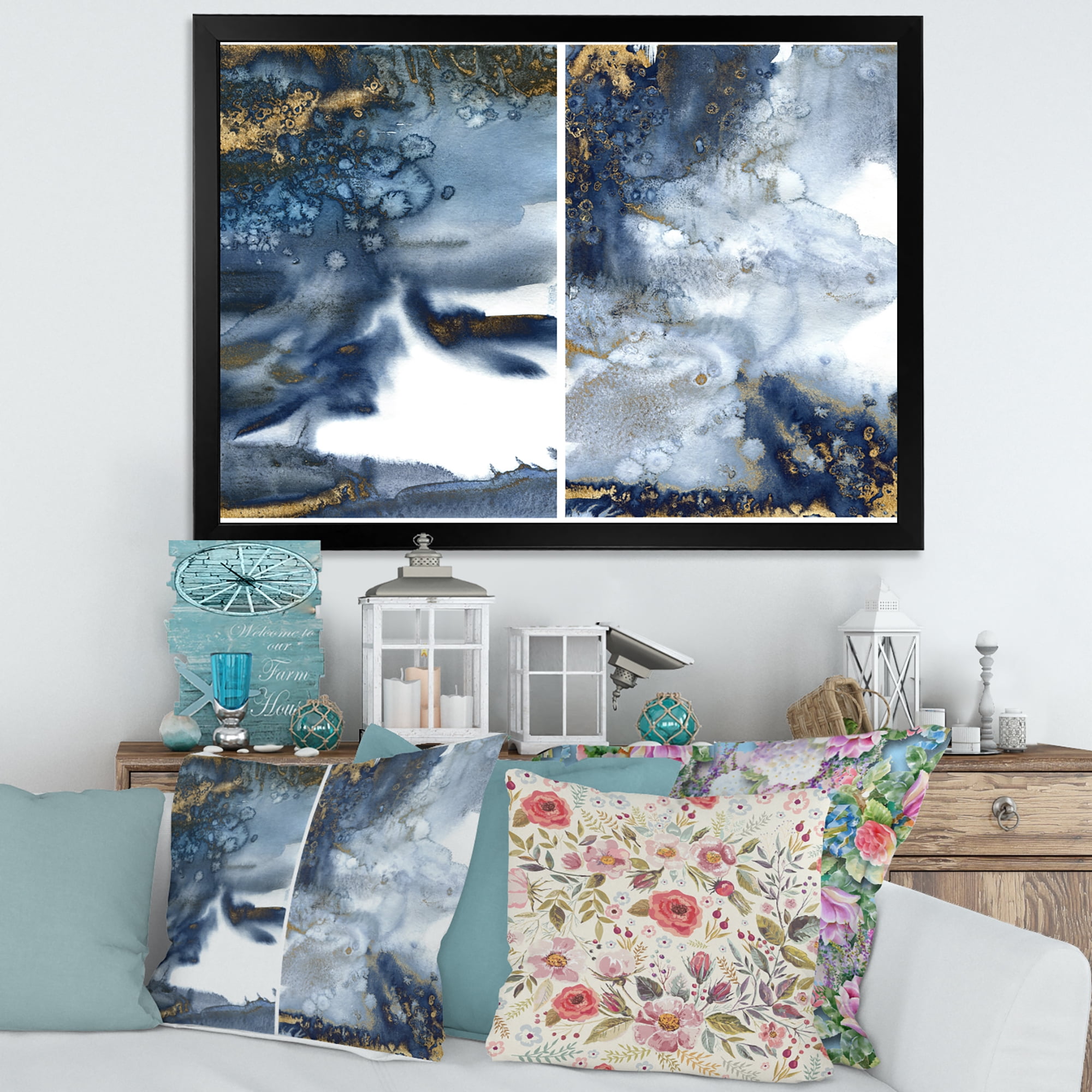 Designart 'Gold and Dark Blue Abstract Waves IV' Modern Framed Art Print