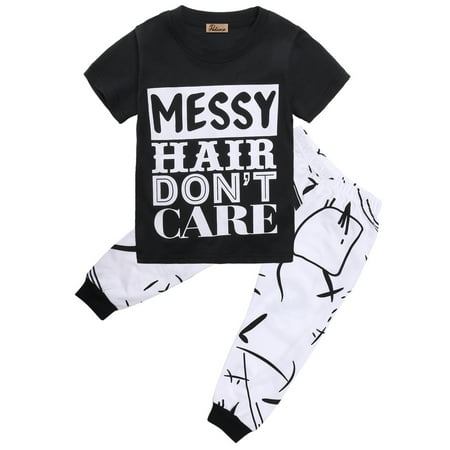 

Toddler Baby Boys Girls 2 Pcs Outits Black Short Sleeve Letter Printed T-Shirt+White Long Legging Pants