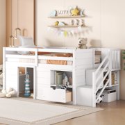 VLDTDRDI Twin Size Low Loft Bed with Storage Stair,Solid Wood Loft Bed Twin with Playroom,Shelf and Drawer,15" H Safety & Guardrail Stairs Loft Bed for Kids, White ?