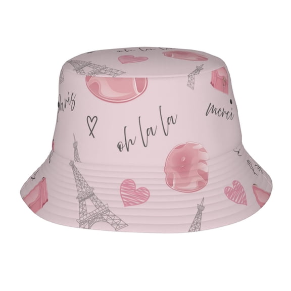 TEQUAN Foldable Polyester Adult Bucket Hat Cute Pink Parisian Style Prints Sun Beach Fishing Outdoor Cap Unisex