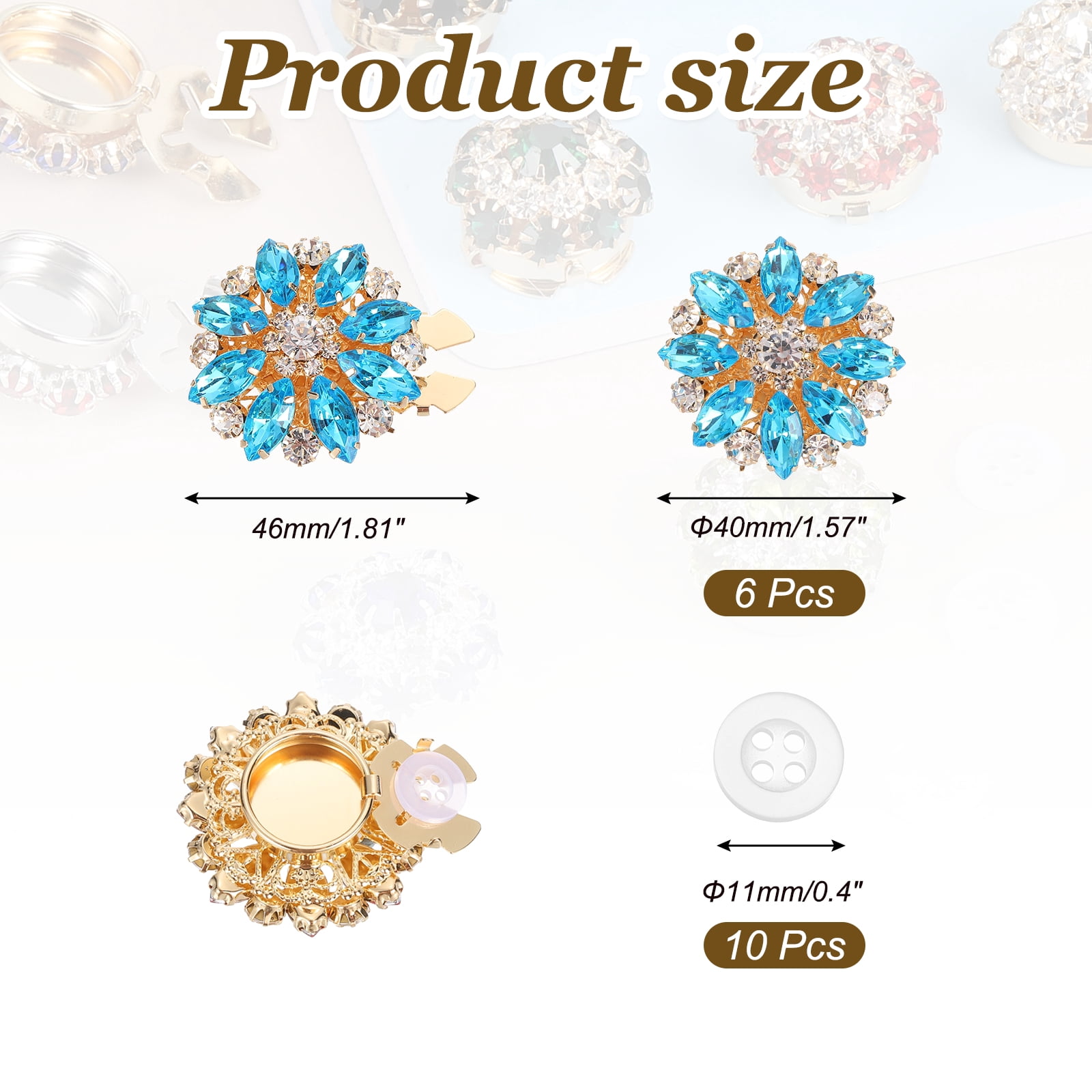 6 Pcs Rhinestone Button Covers Decorative Clips with 10 Pcs White Sewing Buttons Detachable Marquise Sewing Replacement for Women Men DIY Crafts Accessories (Lake Blue/Gold)