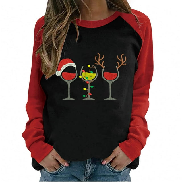 HKEJIAOI T-Shirt Femme Manches Longues Col Rond Imprimé Verre de Vin de Noël Quotidien