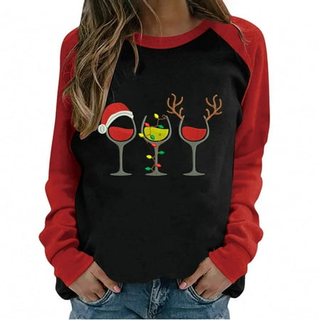 

jsaierl Printed Long Sleeves Women s Spring Patchwork Christmas Printed Long Sleeves Round Neck Casual Tee Casual Loose Tops