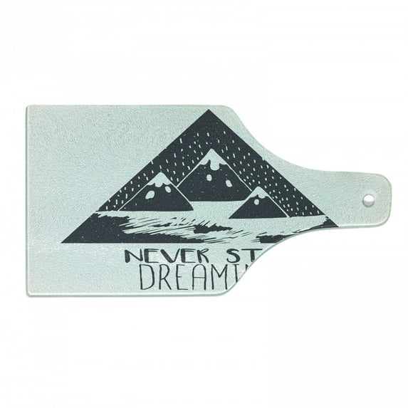 Saying Cutting Board, Grungy Vintage Snowy Mountain Tops Illustration with Blizzard Effects, Decorative Tempered Glass Cutting and Serving Board, Wine Bottle Shape, Grey White, by Ambesonne