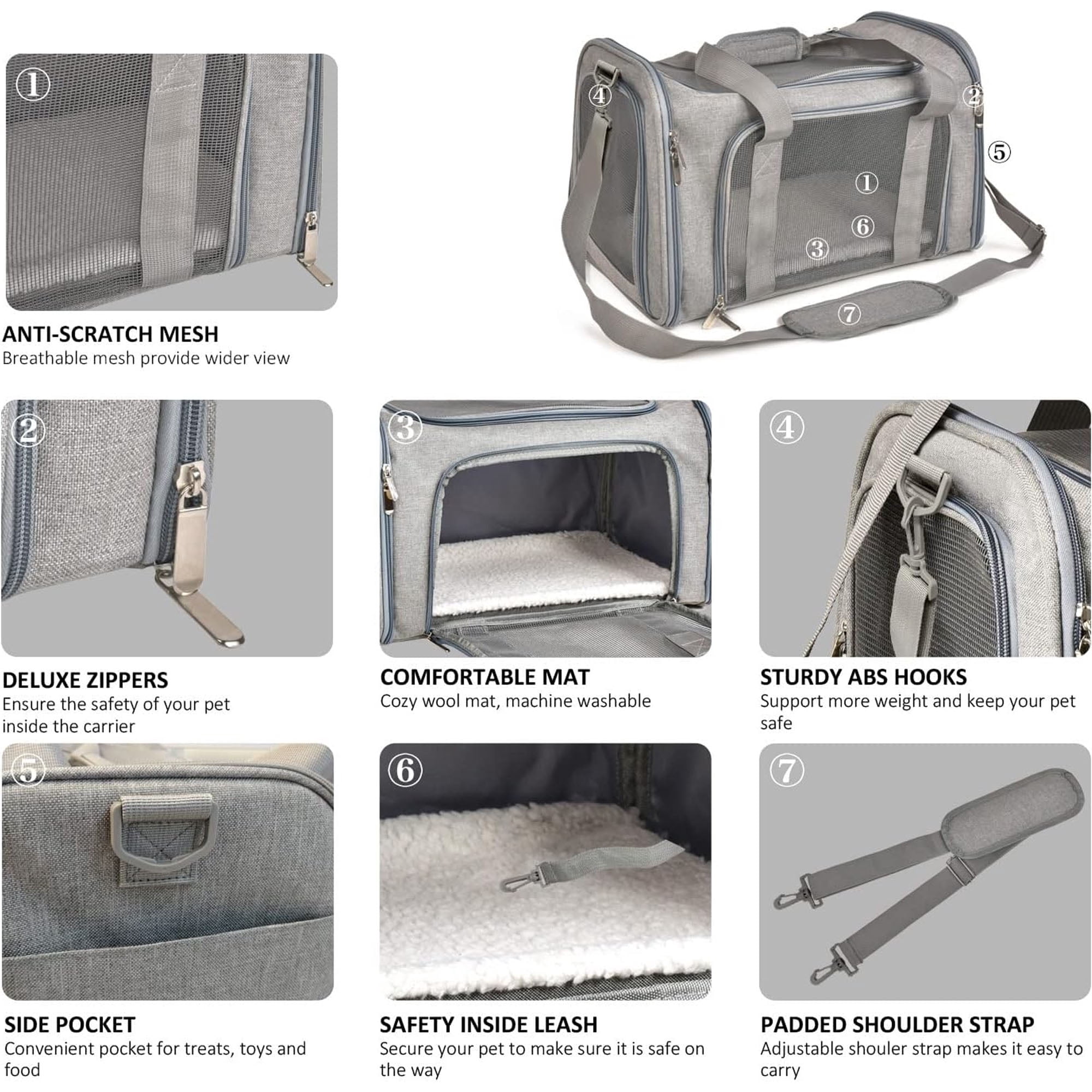 Cat Carriers Dog Carrier Pet Carrier for Small / Medium Cats Dogs Puppies (up to 15lbs), TSA Airline Approved Small Dog Carrier Soft Sided, Collapsible Waterproof Travel Puppy Carrier - Grey,1 PC