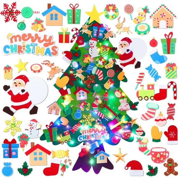 Tumao 3.45ft Felt Christmas Tree for Toddlers Kids, DIY Christmas Tree 50 Pcs Ornaments Velcro Wall Hanging Xmas Tree Decorations Detachable Snowman Candy Christmas Tree Home Door Window
