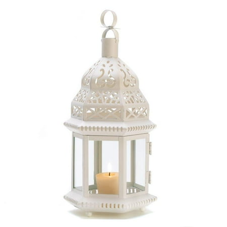 - Gifts & Decor White Moroccan Style Hanging Candle Lantern Centerpiece, Metal and Glass By Gifts Decor