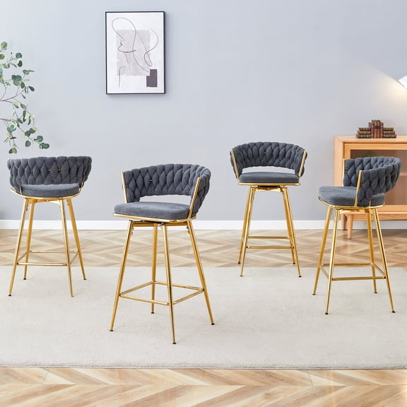 Dining Chairs Four-piece rotating swivel chair, black cotton and linen soft seat surface, golden metal legs, rust-proof and wear-resistant, suitable for high tables in restaurants/bars,Dining Room Se