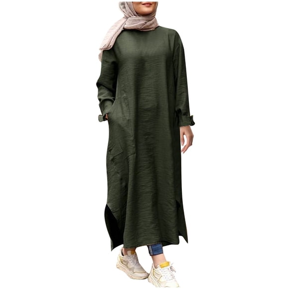GDREDA Elegant Women's Long Sleeve Button Down Abaya Casual Dress Dubai Fashion Attire Army Green,S