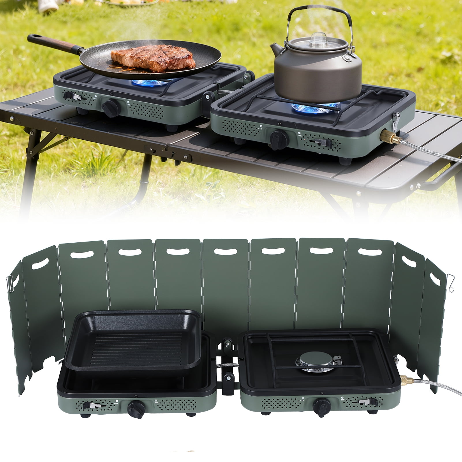Portable Windproof Dual Burner Camping Stove,20,000 BTU High Output Metal Folding Gas Stove with Removable Windshield & Frying Pan-Perfect for Outdoor Cooking,Hiking,Tailgating & Emergency Use