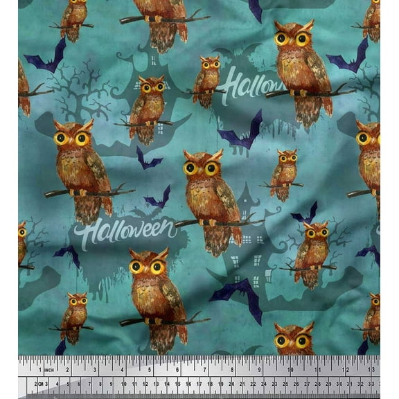 Soimoi Cotton Duck Fabric Owl,Bat & Haunted House Halloween Decor Fabric Printed Yard 42 Inch Wide