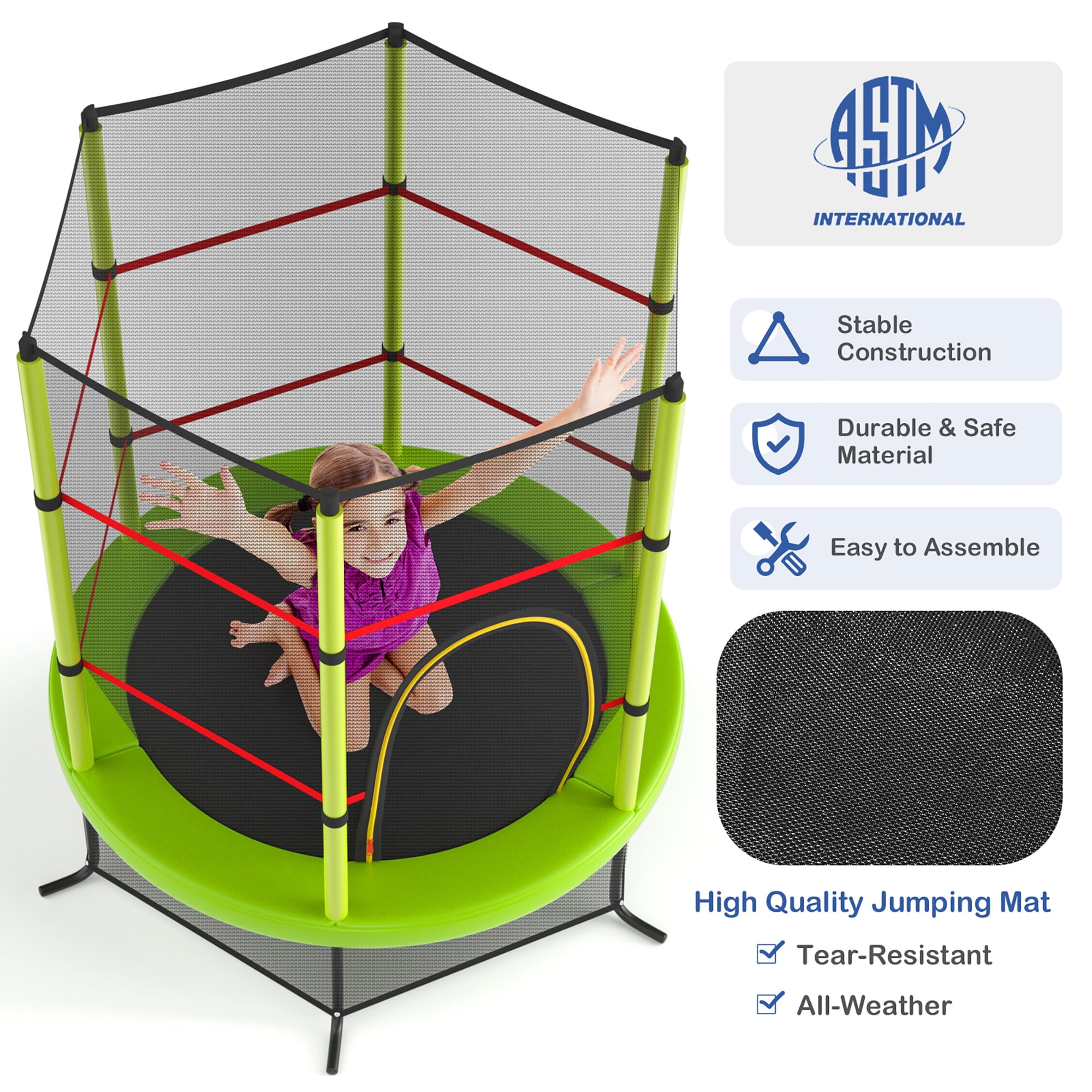 Costway 55" Kids Trampoline Bouncing Jumping Mat Recreational Trampoline W/Enclosure Net Green