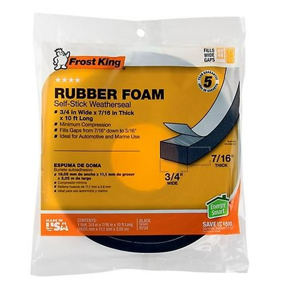 Frost King R734H Rubber Foam Self-Stick Weather Seal Black 7/16" x 3/4" x 10 ft.