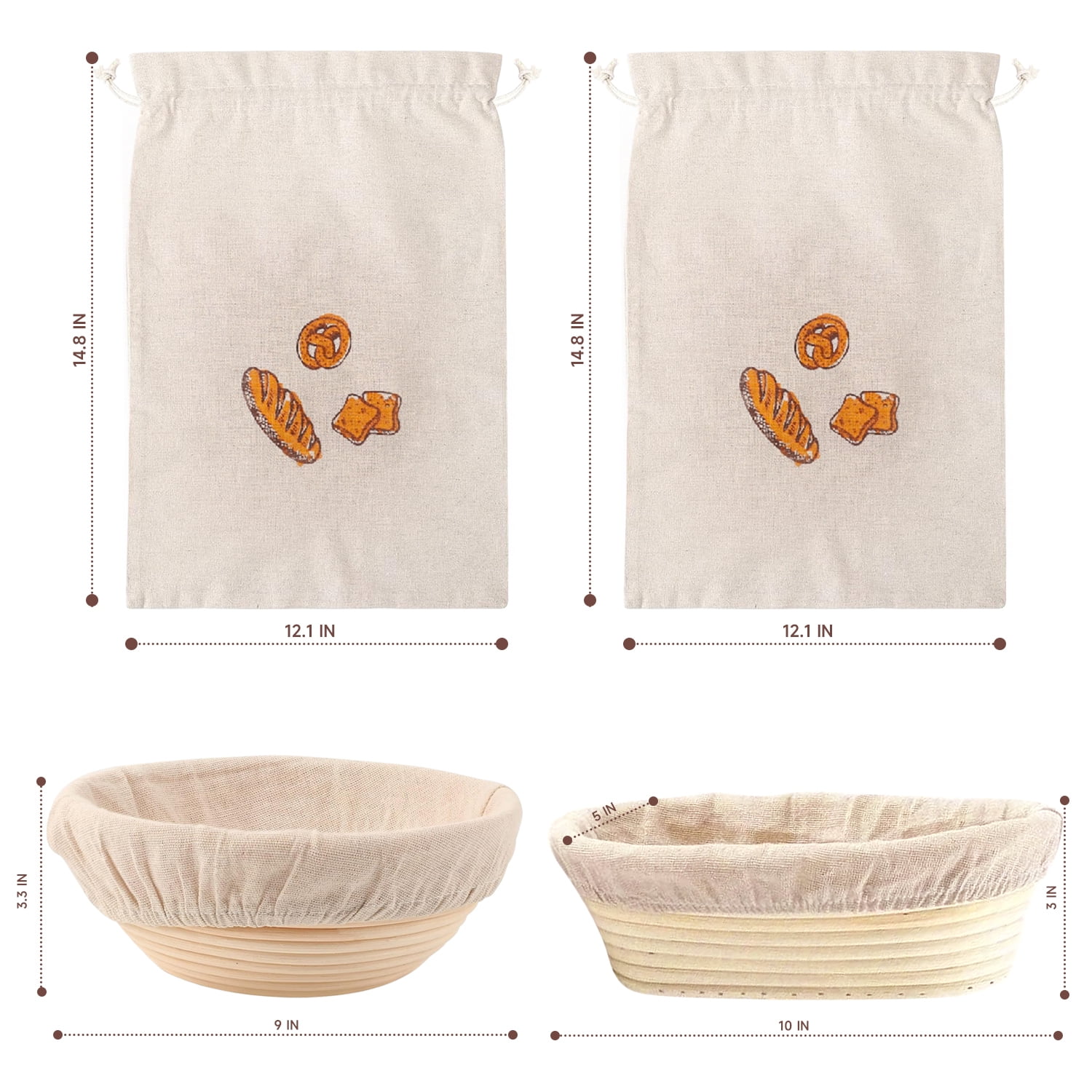 ALLJOY 2pcs Banneton Bread Proofing Basket with 2 Bread Bag，9 Inch Round & 10 Oval Cane Sourdough Bread Proofing Baskets Baking Supplies，Sourdough Starter Kit