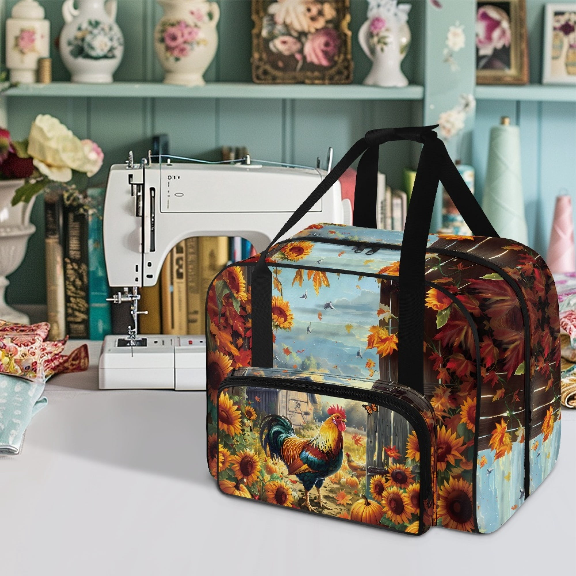 ZIATUBLE Cock Sunflower Portable Carrying Totes Pumpkin Traveling Bag with Zipper Carry Case with Storage Pockets and Handles with Storage Pocket Portable Sewing Machine Handbag