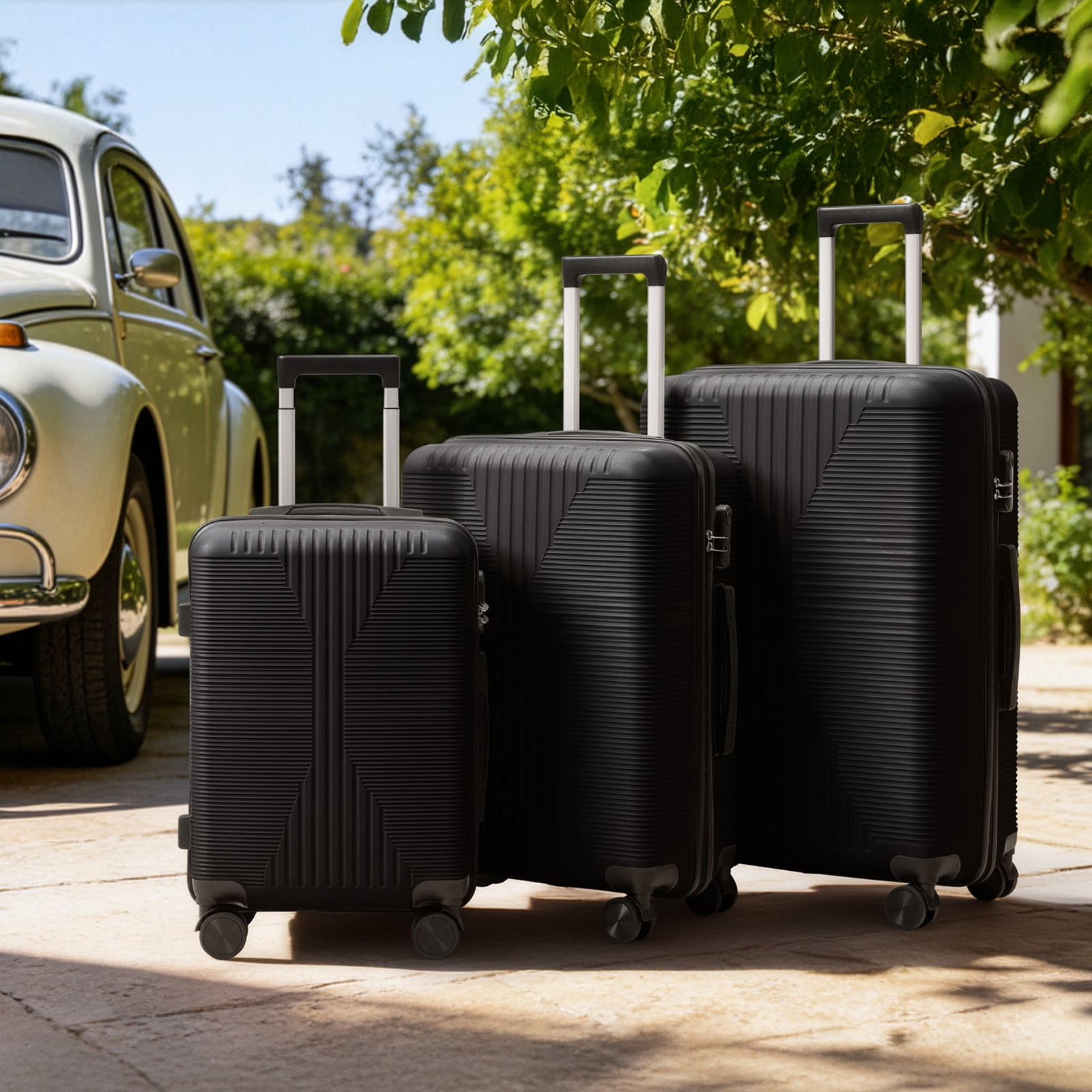 3 Piece PP Hard Shell Luggage Set, 20/24/28 Inch Carry On Checked Suitcases with 360 Silent Spinner Wheels, Black Lightweight Durable Travel Trolley Cases for Family Business Trips