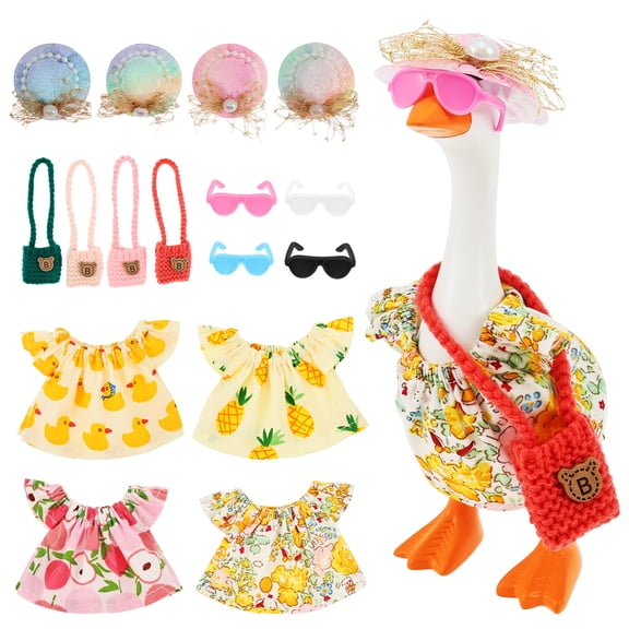7 Inch Desk Goose Outfits Summer Mini Desktop Goose Clothes with Hats Glasses Bags for Home Office Table Decor