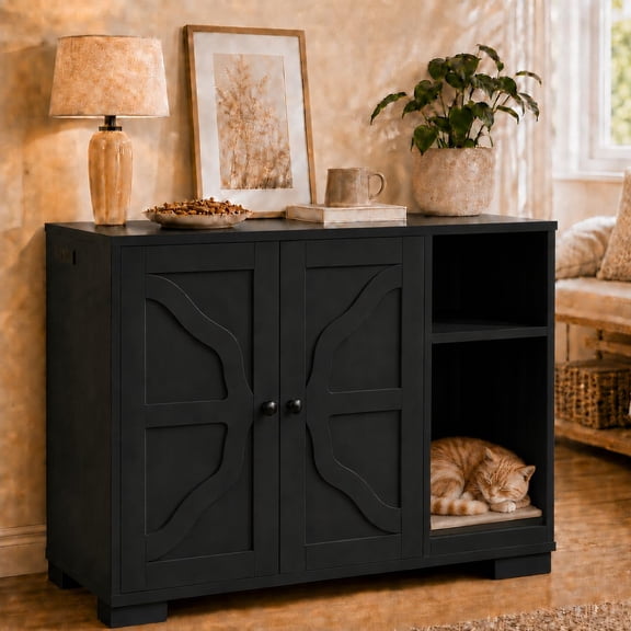 Large Dog-Proof Cat Litter Box Furniture, Pet Cabinet with Side Outlet and Long Power Cord