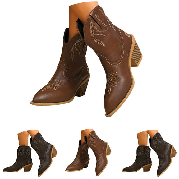 Dakaela Women's Cowboy Cowgirl Boots Embroidered Short Western Booties Low Chunky Heel Fall Winter Dress Ankle Boots Brown 6