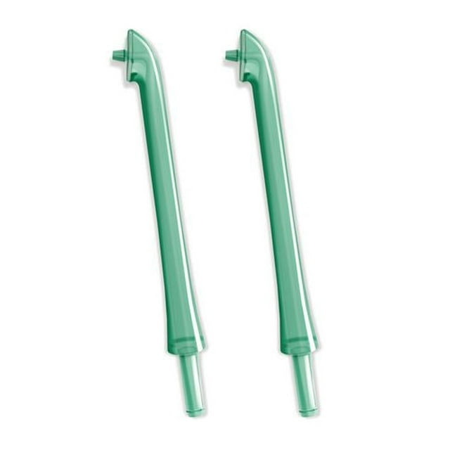 Philips Sonicare HX8002/60/4 AirFloss Replacement nozzle 2-pack with two slim, angled green nozzles featuring printed droplets for easy sharing, designed for precise placement to clean hard-to-reach areas, shown on a white background.