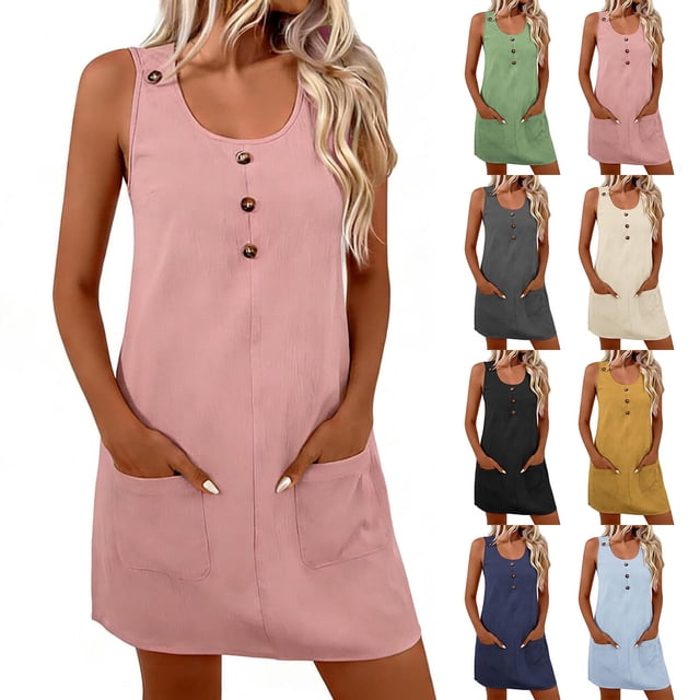 Sentmoon Robe Sans Manches pour Femmes Robes d'Été pour Femmes 2026 Robe Athlétique Couleur Unie Col Rond Extensible Coupe Régulière Robes Formelles pour Femmes avec Poches Décontracté P-3TG