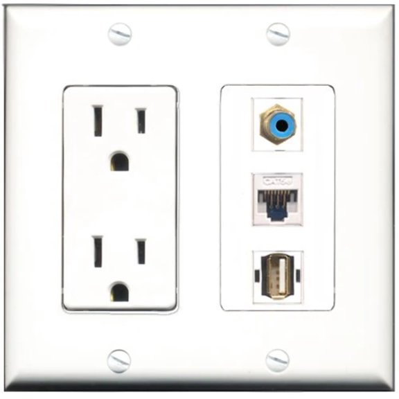 RiteAV - 15 Amp Power Outlet 1 Port RCA Blue 1 Port USB A-A 1 Port Cat5e Ethernet White Decorative Wall Plate