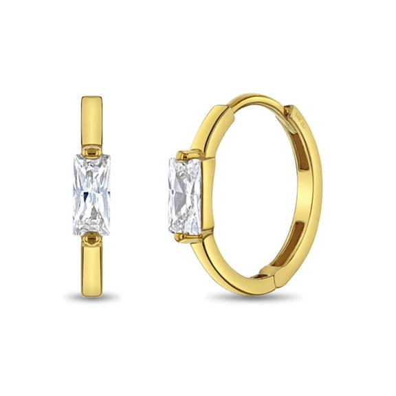 Clear Baguette Cut CZ Huggie 9mm Toddler / Kids / Girls Earrings Hoop - 14k Gold