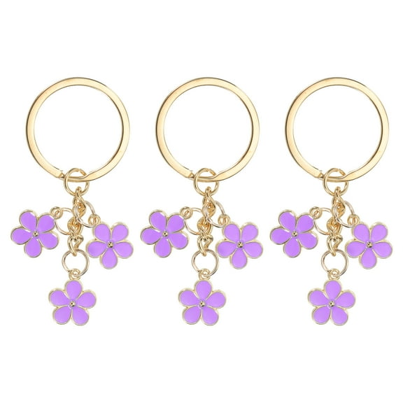 Flower Charm Keychain, Enameled Keychain Tassel Keyring Pendant, Purple, 3 Pack