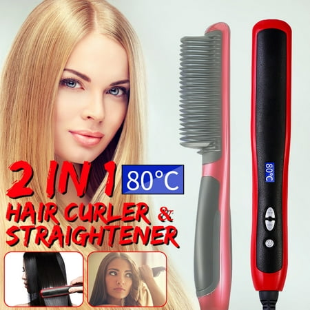 2 in 1 Electric Fast Hair Straightener Curling Styling Brush Comb Curler Ceramic Hair Straightener Curler Comb
