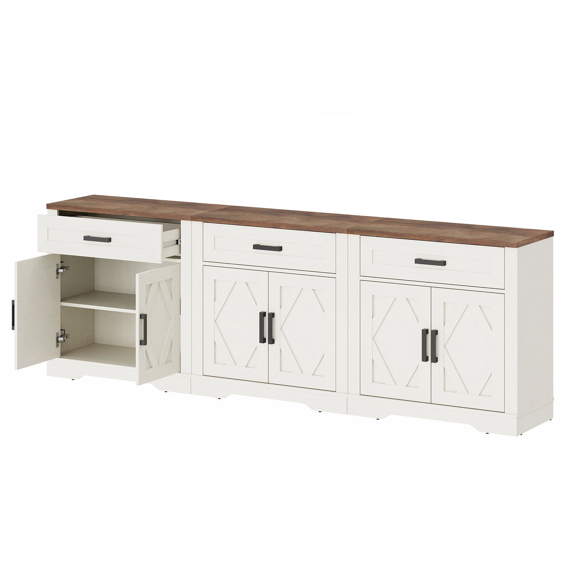 WAMPAT 94.5"W Farmhouse Buffet Sideboard with Barn Doors, Drawer & Storage, White