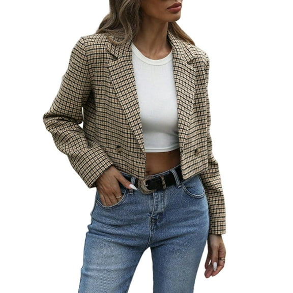 Women'S Plaid Cropped Blazer Casual Lapel Collar Long Sleeve Double Breasted Vintage Suit Jacket Camel Color XL