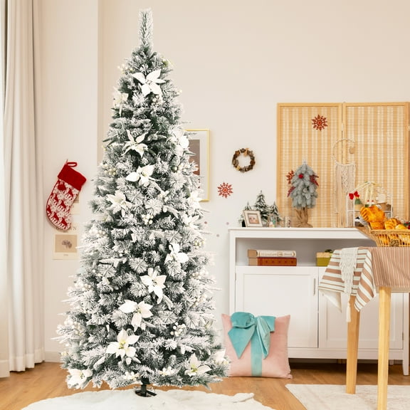 Gymax Arbre de Noël Crayon Artificiel Enneigé de 7 Pi avec Baies Blanches et Fleurs
