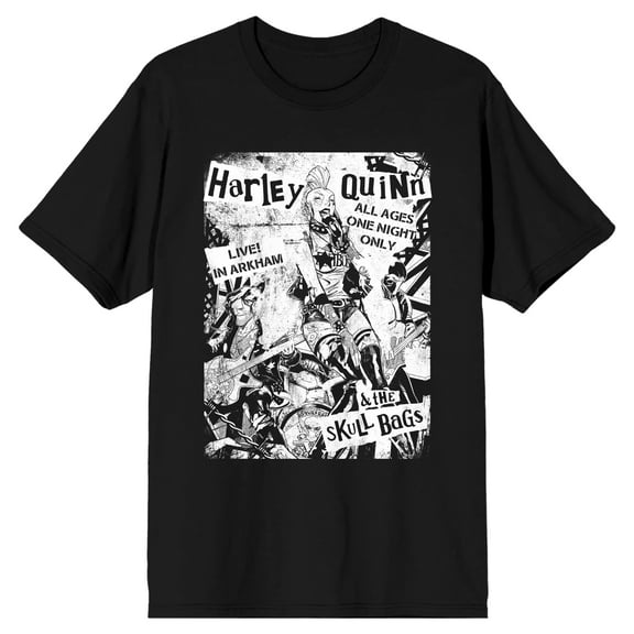 DC Comics Men's Harley Quinn & The Skull Bags Men's Black Band Tee-Large