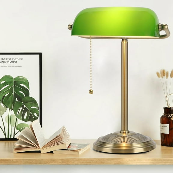 Green Desk Lamp with Brass Finish, Classic Table Lamp with Pull Switch for Home, Office, Study