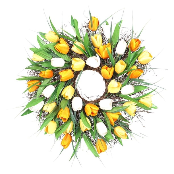Corona para puerta de entrada, guirnalda de flores artificiales con hojas verdes, Amarillo Blanco 30cm