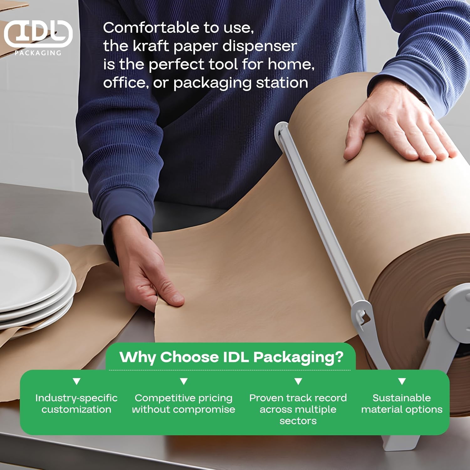 IDL Packaging Brown Kraft Paper Jumbo Roll 24" x 14400" (1200 ft) with Dispenser – USA-Made Natural Kraft Paper 30lb Thickness