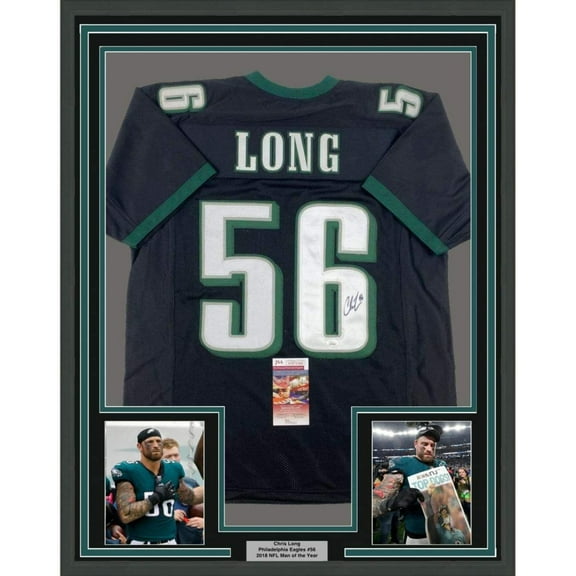 Framed Autographed/Signed Chris Long 35x39 Philadelphia Black Football Jersey JSA COA