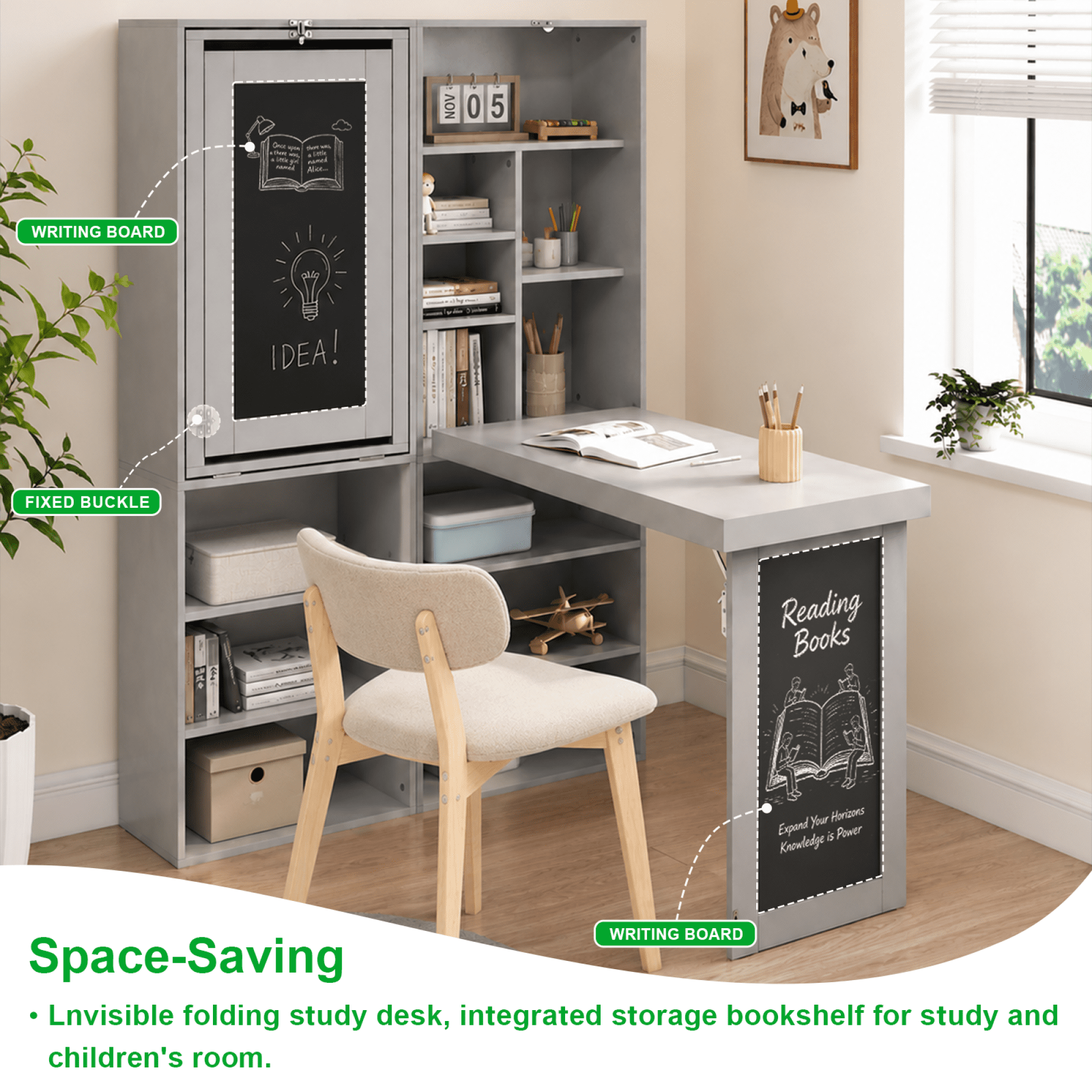 Leumius Folding Desk with Storage,Fold-Out Wall Mounted Computer Desk with Storage Shelves, Convertible Folding Writing Desk Cabinet with Chalkboard, Space-Saving Home Office Desk,Gray
