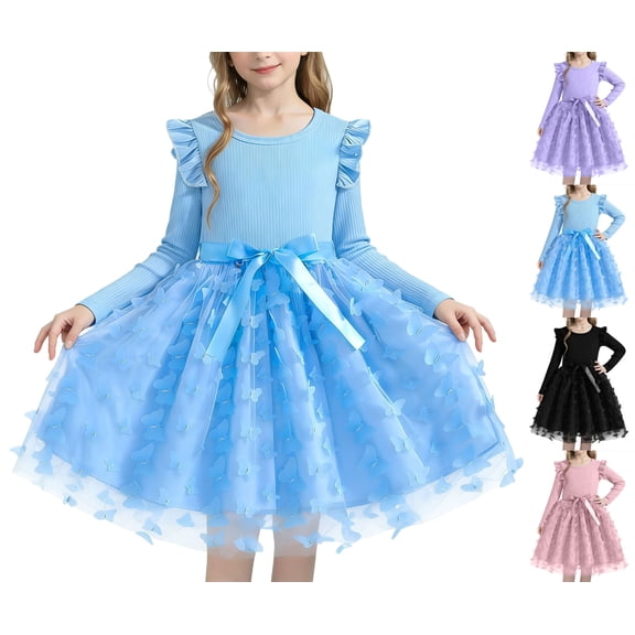 WAVSUF Girls Knitted Tutu Dress Trendy Bowknot Long Flutter Sleeve Round Neck Fall Princess Party Dress Pink 7-8