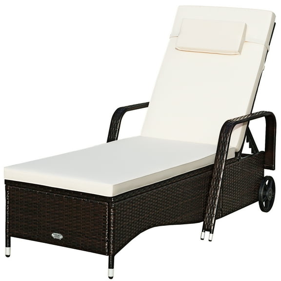 Gymax Fashion Cushioned Outdoor Wicker Chaise Lounge Chair w/ Wheel Adjustable Backrest